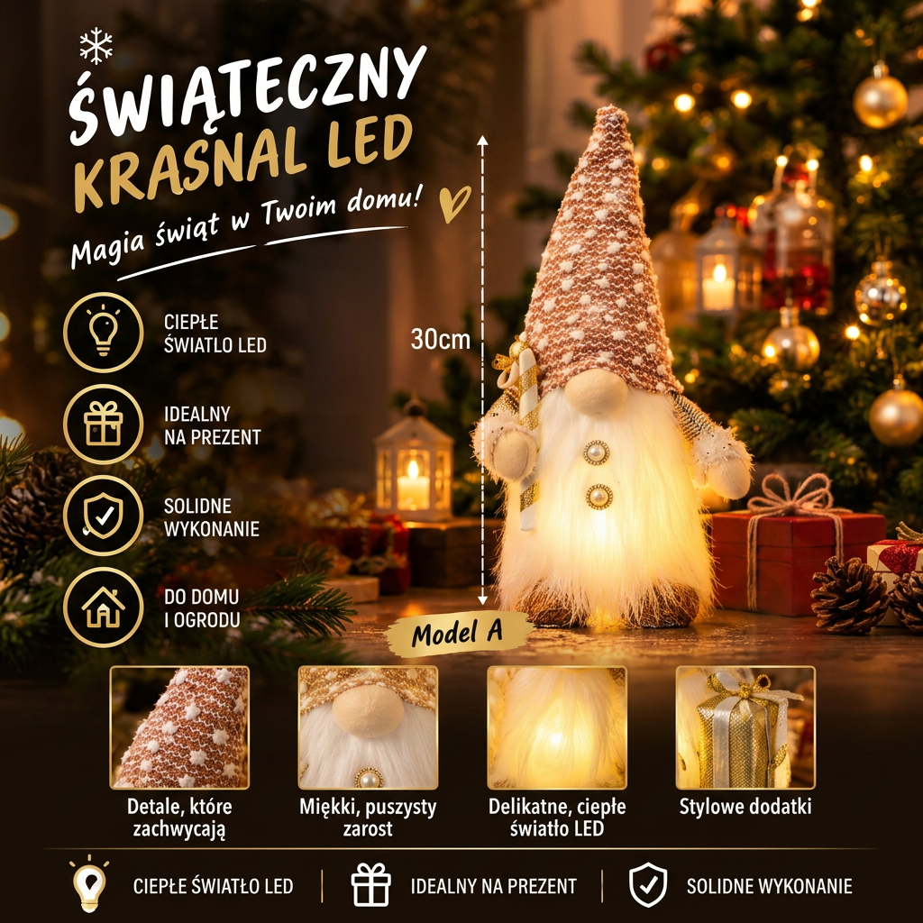Biały Świąteczny Krasnal LED